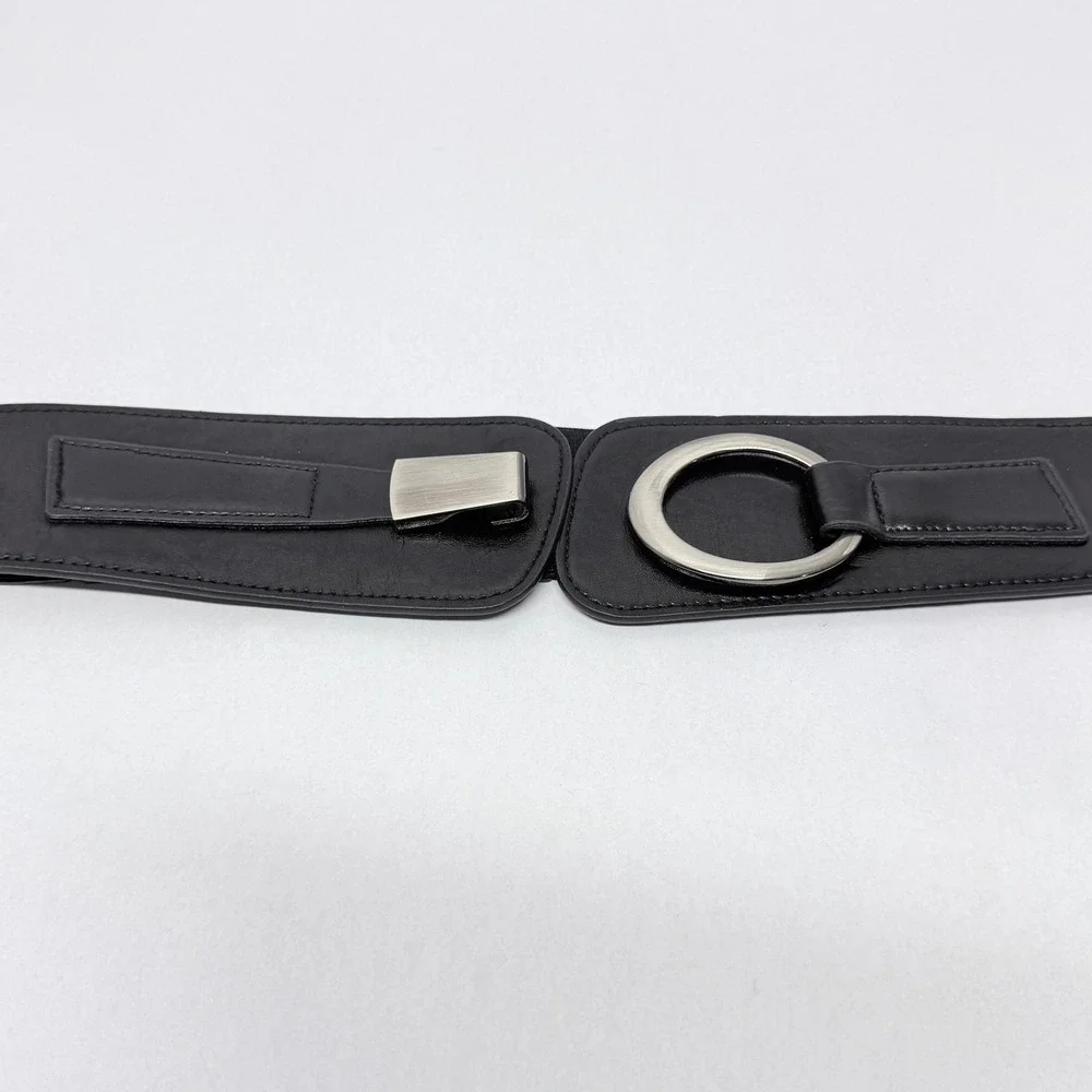 Black Wide Elastic Cinch Waist Belt Silver Ring Hook Closure Faux Leather